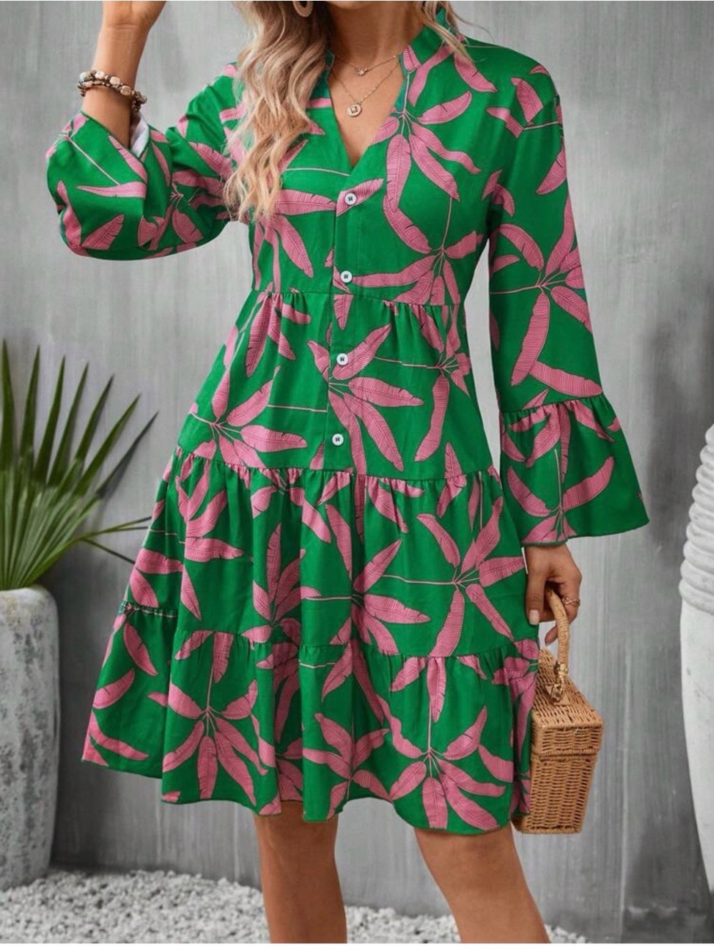 Green and Pink Floral Tiered Long-Sleeve Button Dress